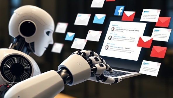 An AI-powered robot hand composing and sending personalized emails to a diverse group of customers, showcasing the efficiency and customization features of the platform.