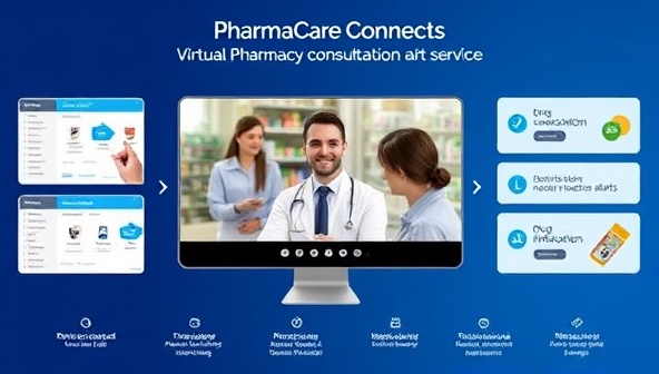 An interactive platform interface showcasing PharmaCare Connect's virtual pharmacy consultation service, with a pharmacist engaging in a video call with a patient, surrounded by medication information screens, drug interaction alerts, and medication adherence reminders, conveying professionalism and personalized care.
