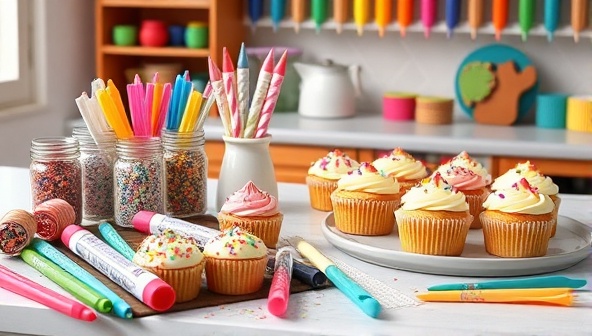 A colorful and inviting kitchen setup with a variety of dessert decorating tools, sprinkles, and frosting tubes neatly arranged on a table next to beautifully decorated cupcakes and cookies, inspiring creativity and enjoyment.