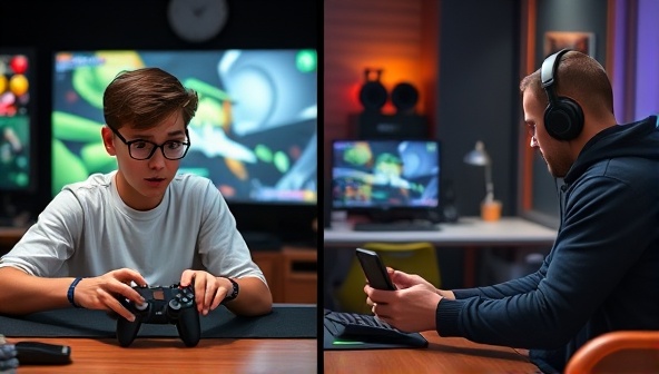 A split-screen image showing a beginner gamer struggling in a game on one side and confidently playing with guidance from a coach on the other side, emphasizing skill improvement and success.