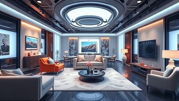 A captivating virtual reality showroom environment with sleek furniture designs, interactive features for customization, and a futuristic ambiance, showcasing the innovative and immersive shopping experience of VirtuDecor, blending technology and interior design seamlessly.