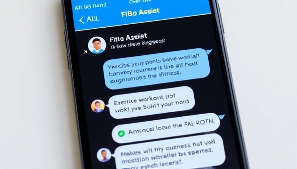 A virtual assistant chatbot interface on a smartphone screen, engaging in a conversation with a user about workout preferences, providing exercise suggestions and nutritional advice, showcasing the conversational and interactive nature of FitBot Assist as a virtual fitness companion.