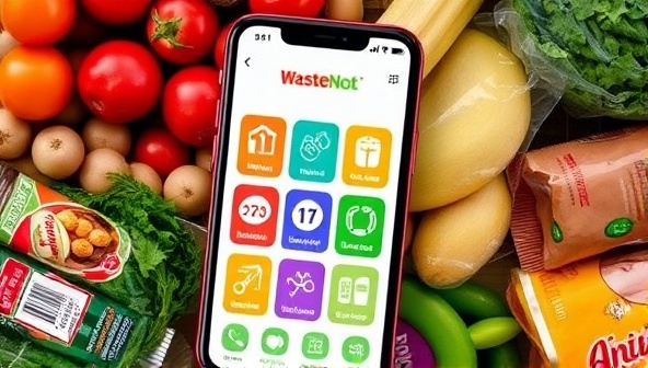 A mobile phone screen displaying the WasteNot app interface with colorful icons of discounted food items, meals, and grocery deals, surrounded by images of fresh produce and packaged goods, illustrating convenient and sustainable shopping options with WasteNot.
