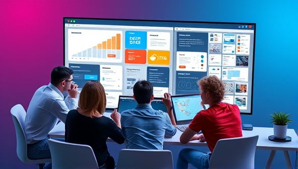 A dynamic visual of multiple users working together on a website design project, each contributing design elements and feedback in real-time on a digital interface, illustrating the collaborative and interactive nature of CollabWeb Studio for seamless teamwork in web design.