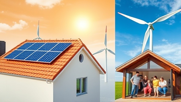 A collage of a sunny rooftop with solar panels installed, a serene wind farm generating clean energy, and a happy family inside their home enjoying the benefits of renewable power, symbolizing sustainability and eco-friendliness.