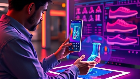 An artistic rendering of a customer using a 3D foot scanner to create a personalized shoe design, with vibrant colors and digital elements symbolizing customization and technology, capturing the essence of bespoke footwear creation.