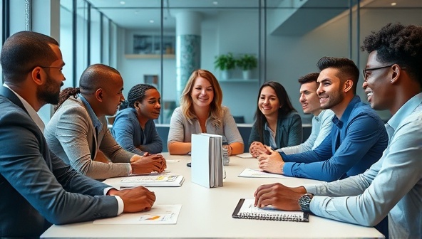 A diverse group of professionals engaged in a lively discussion around a conference table, representing inclusivity and collaboration in the workplace.