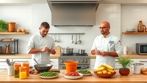 An inviting virtual kitchen setup with professional chefs demonstrating cooking techniques, surrounded by fresh ingredients, cooking utensils, and interactive elements for members to follow along and participate in the culinary experience, creating a dynamic and educational cooking environment.