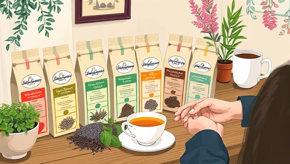 An artistic representation of a cozy tea corner with a variety of HerbHarmony Tea Co. blends displayed in elegant packaging, accompanied by teacups, fresh herbs, and a person enjoying a soothing cup of herbal tea, evoking a sense of tranquility and natural wellness.