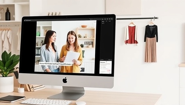 A virtual styling session depicted on a computer screen, showing a stylist and client discussing sustainable fashion choices, with images of eco-friendly clothing options and accessories in the background, conveying a modern and eco-conscious styling experience.