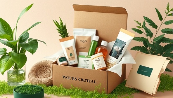An artistic rendering of a subscription box filled with natural and sustainable home goods, surrounded by lush greenery and eco-friendly packaging materials, evoking a sense of eco-conscious living and sustainability.