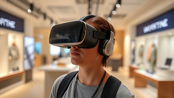 An individual wearing a VR headset, exploring a virtual showroom with interactive product displays and branded elements, conveying the immersive and engaging nature of the advertising experience.