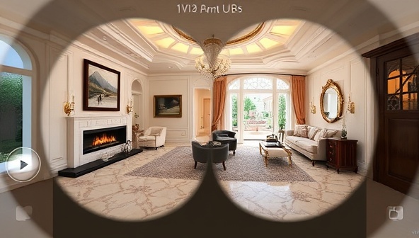An engaging virtual reality scene showcasing a luxurious home interior with interactive navigation buttons for exploring different rooms, decor styles, and outdoor spaces, providing a glimpse of the immersive experience offered by VirtuHome Tours.
