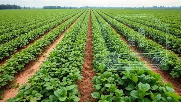 An agricultural field with rows of healthy crops contrasted with a section displaying signs of disease, overlaid with a digital interface showing the AI-powered diagnosis process in action, highlighting the precision and efficiency of CropGuard AI's disease detection platform.
