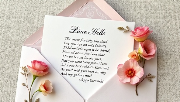 An elegant and artistic display of a custom poem printed on high-quality paper, adorned with floral motifs and delivered in a beautifully designed envelope, conveying sophistication and personal touch in gifting through poetry.