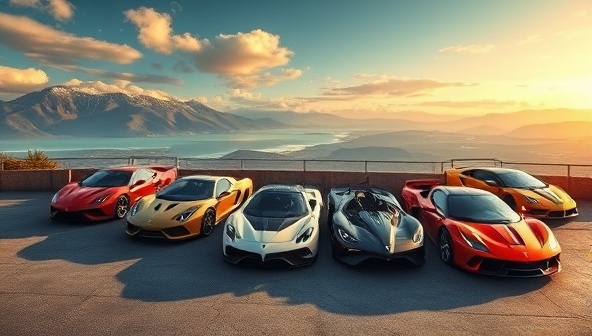 A captivating digital illustration of a lineup of rare and exotic cars available for rent, parked in a scenic location with a stunning backdrop, evoking a sense of luxury, adventure, and premium automotive experiences.