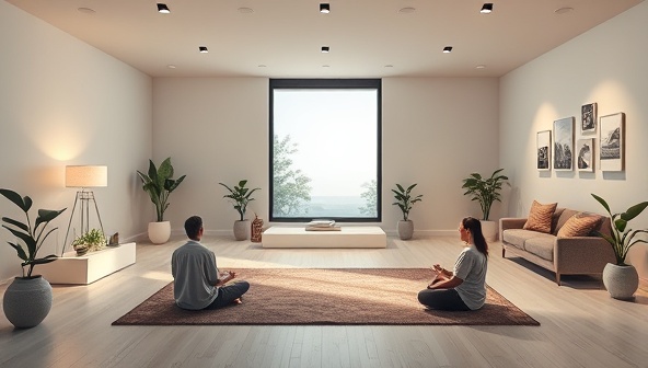 A serene virtual wellness space featuring calming visuals, meditation areas, and support resources, with virtual therapists conducting counseling sessions, group mindfulness activities, and wellness workshops, promoting a safe and healing environment for mental health care within MindfulSpace Hub.