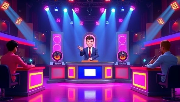An animated game show set featuring colorful lights, buzzers, and a charismatic host interacting with virtual contestants, creating a dynamic and engaging atmosphere reminiscent of traditional TV game shows but with a modern twist.
