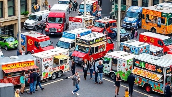 A vibrant collage of food trucks parked in a bustling city street, showcasing a colorful array of international cuisines, enthusiastic customers sampling diverse dishes, and a lively atmosphere of culinary exploration and community enjoyment, capturing the essence of an adventure food truck tour.