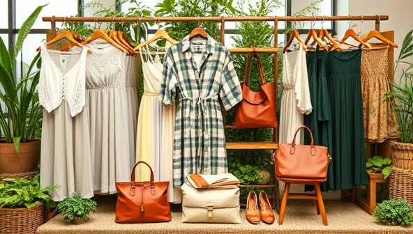 A visually appealing display of eco-friendly clothing and accessories, including organic cotton dresses, bamboo sunglasses, recycled leather bags, and plant-based shoes, arranged in a nature-inspired setting with greenery and natural textures, conveying the elegance and sustainability of the fashion marketplace.