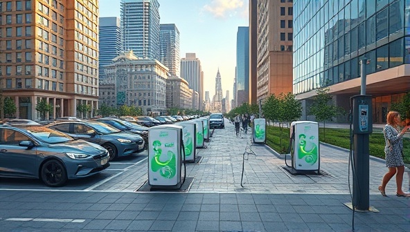 An artistic rendering of a cityscape with multiple portable charging units strategically placed near parking spaces, EVs being charged, and pedestrians interacting with the user-friendly charging stations, illustrating the vision of a widespread and accessible charging network.