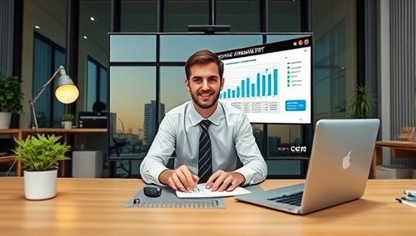 An image of a virtual meeting setup with a professional consultant discussing financial reports with a client via video call, showcasing the convenience and expertise of the virtual CFO service.