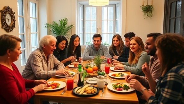 An image featuring a diverse group of people sharing a meal in a cozy homestay setting, highlighting the warmth and cultural exchange facilitated by Global Host Haven's network.