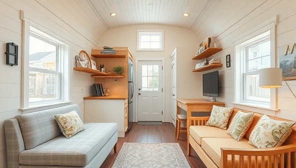 An interior visualization of a beautifully designed tiny house showcasing smart storage solutions, convertible furniture, and minimalist aesthetics, creating a cozy and efficient living space that exemplifies the charm and functionality of micro living design.