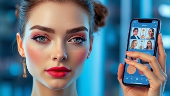 An interactive and futuristic image showcasing a user trying on virtual makeup using the FaceFit app, with AR technology overlaying different makeup looks, shades, and styles on the user's face in real-time, creating a seamless and personalized makeup try-on experience.