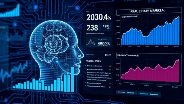 An advanced AI system analyzing real estate market data and generating predictive insights on property valuations and investment opportunities, with graphs and charts illustrating market trends and recommendations, symbolizing the cutting-edge technology and strategic advantage of MarketInsight AI's platform.