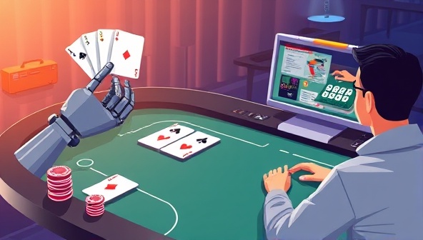 An illustration showing a digital poker table with virtual cards and chips, a robotic hand analyzing strategies on a screen, and a user receiving feedback on their gameplay, illustrating the cutting-edge technology and personalized coaching approach of PokerPro Mentor in online poker training.