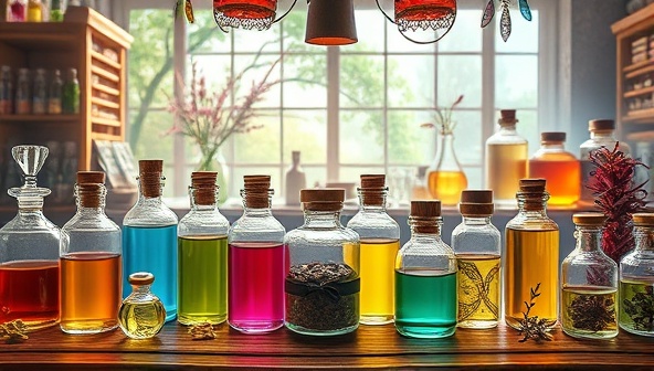 An enchanting digital illustration of a virtual scent-mixing workshop with a variety of glass vials containing colorful essential oils, aromatic herbs, and fragrance notes, creating a sensory-rich and immersive atmosphere reminiscent of AromaAlchemy Atelier's olfactory experiences.