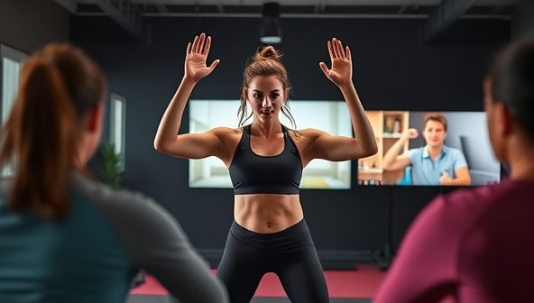 An energetic fitness trainer leading a virtual workout session, with participants joining from different locations through screens, showcasing the convenience and flexibility of FitFlex Coach's virtual training sessions.