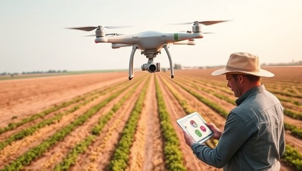 A drone hovering over a vast agricultural field, capturing detailed images of crop rows and soil patterns, with a farmer analyzing the drone data on a tablet, showcasing the precision farming services provided by AeroAgri Drones.