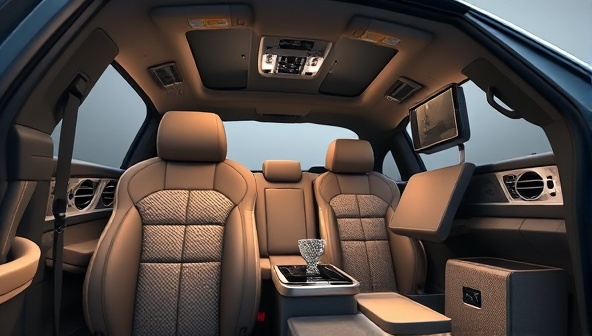 A digital rendering of a customized car interior featuring bespoke accessories created by CustomDrive Creations, showcasing the personalized touch and unique designs offered by the service.