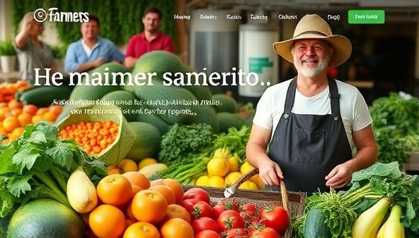 An interactive website interface featuring vibrant images of fresh produce, handmade goods, and smiling farmers, creating a virtual farmers market experience that promotes community connection and sustainable shopping.