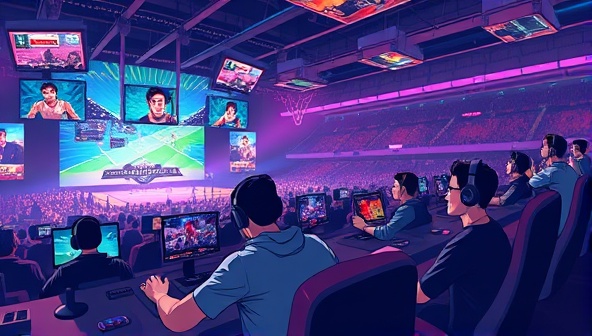 An illustrative scene of gamers competing in a virtual arena with cheering crowds, digital screens displaying e-sports matches, and a network of interconnected bettors exchanging bets on eBetXchange, capturing the dynamic and competitive nature of e-sports betting.