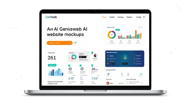 An image of a laptop displaying the GeniusWeb AI Design platform with AI-generated website mockups, data analytics dashboards, and customization options, illustrating the advanced technology and personalized approach of the subscription service.
