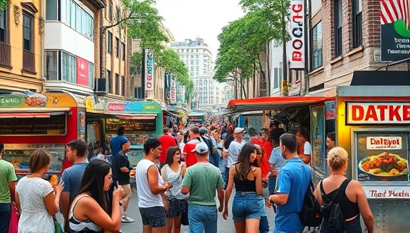 An outdoor setting with a bustling street filled with colorful food trucks, customers sampling various dishes, and a lively atmosphere showcasing the excitement and diversity of street flavors.