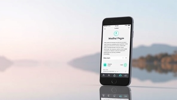 A serene digital landscape with a smartphone displaying the MindfulPages app interface, showcasing calming colors, writing prompts, and mood tracking features, inviting users to embark on a journey of self-discovery and mindfulness through writing.