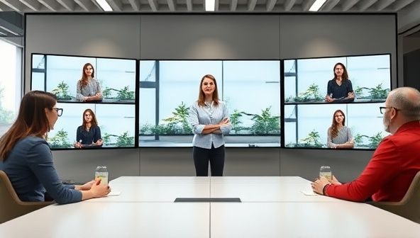 A virtual corporate wellness workshop scene with employees participating in a mindfulness session led by a wellness expert, displayed on multiple screens in a professional office setting, conveying a focus on employee well-being and engagement.