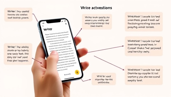 An interactive visual of a writer using the WriteWhisper app on a smartphone, dictating a story while the app transcribes the text in real-time, with voice-activated editing tools and writing suggestions displayed on the screen, showcasing the seamless and efficient writing process with voice recognition technology.