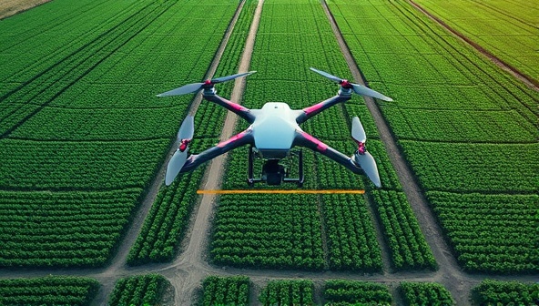 A captivating drone view capturing a lush green farmland from above, with colorful soil analysis maps overlaying the fields, showcasing the precision and technology behind drone-based soil analysis services.