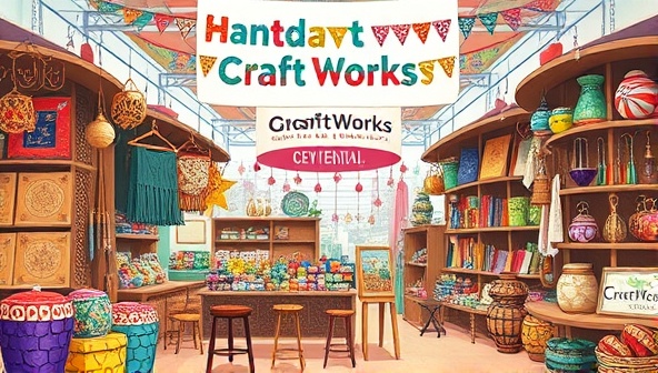 An artistic digital illustration featuring a diverse array of handmade crafts and artisanal products on display at CraftWorks Global, with vibrant colors, intricate details, and a global theme that celebrates creativity and craftsmanship in a virtual marketplace setting.
