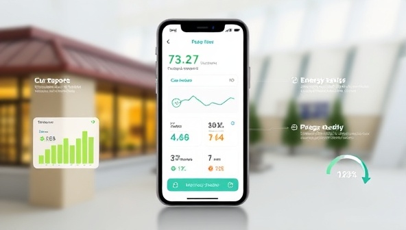 An interactive mobile app interface displaying energy consumption data for a small business, with customizable reports, energy-saving suggestions, and progress tracking tools, illustrating the app's functionality and value for business users.