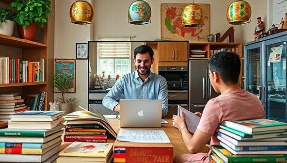 An engaging image featuring a virtual language learning session in progress, with a language tutor leading a conversation practice activity with a group of diverse learners via video call, surrounded by language textbooks, cultural props, and digital language resources, creating a dynamic and interactive learning environment within Global Tongues Hub's virtual marketplace.