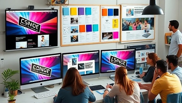A dynamic and creative workspace with multiple computer screens displaying vibrant website designs, a mood board with color swatches, and a team brainstorming ideas, reflecting a collaborative and innovative environment.
