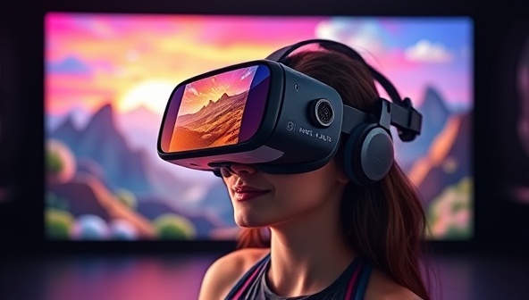 An immersive VR headset displaying a user exploring a virtual fitness world filled with vibrant landscapes, workout challenges, and virtual companions, capturing the excitement and adventure of VRFitClub.