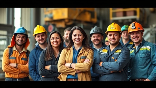 A diverse group of mining professionals in different roles, such as engineers, geologists, and operators, depicted in a collaborative and dynamic work environment, symbolizing the diverse talent pool connected by MineTalent Connect for the mining industry.