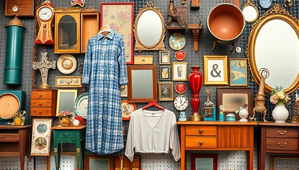 An eye-catching collage of diverse second-hand items like vintage clothing, retro furniture, and unique knick-knacks arranged in an aesthetically pleasing manner, symbolizing the treasure trove of finds available on the platform.
